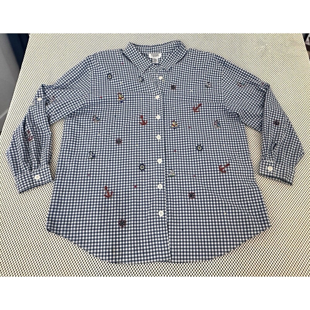 VINTAGE Teddi 1X Womens Top Button Shirt 80s Shoulder Pads Sail Boats GRANNYCORE